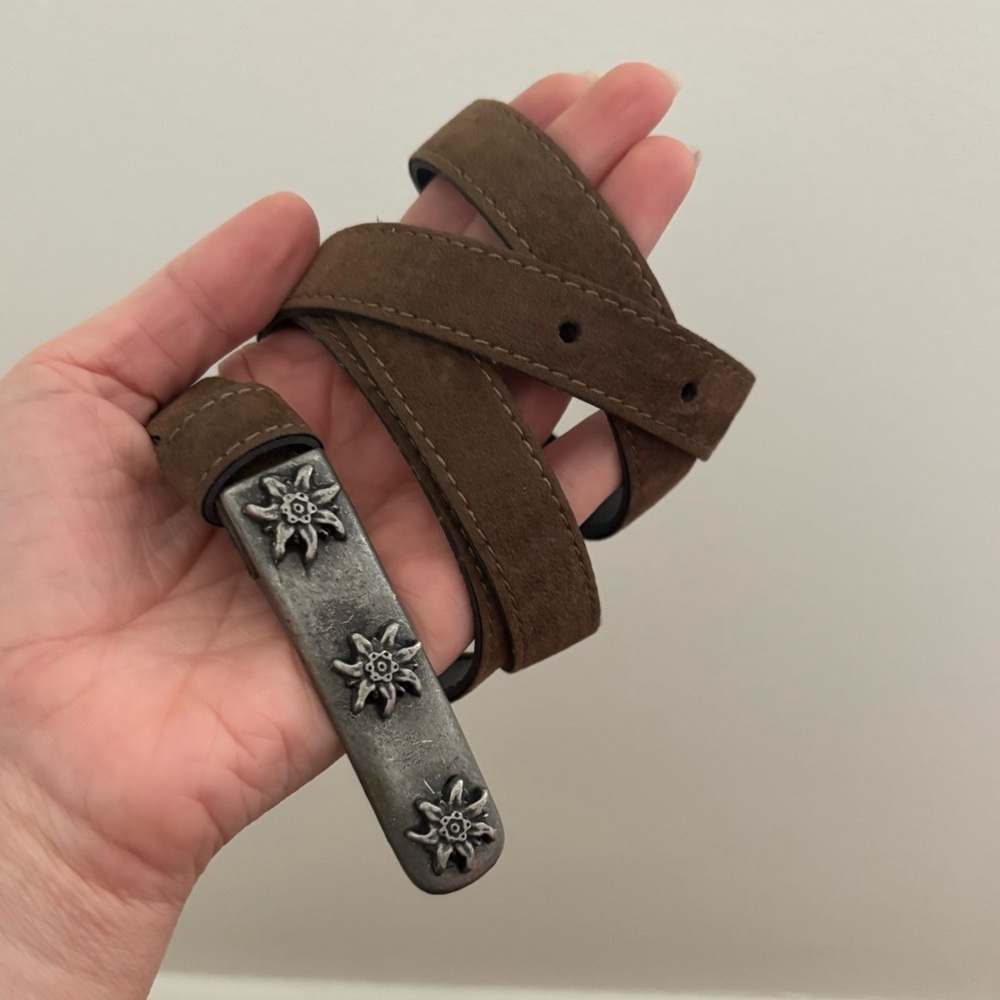 Brown Suede Belt with Silver Floral Detail Buckle